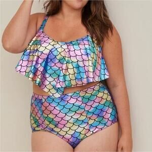 Torrid Mermaid Metallic Flounce Bikini Top High Waisted Bottom 2 Pc. Set Size 0
